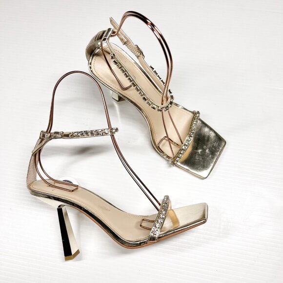 Marc Fisher Karima Heeled Rhinestone Straps Sandals Size 8.5 Gold - Picture 3 of 15